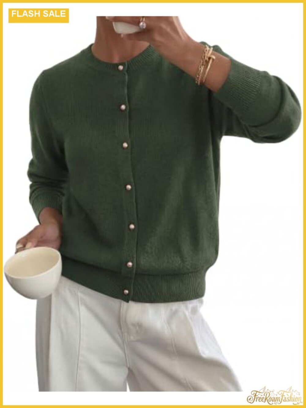 Soft Knit Button Cardigan Sweater with Gold Buttons Crew Neck Cardigan